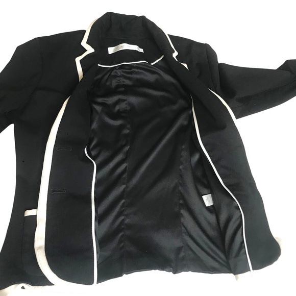 Women’s Black Blazer with White Piping Trim • Tailored 2-Button Jacket - Picture 2 of 12
